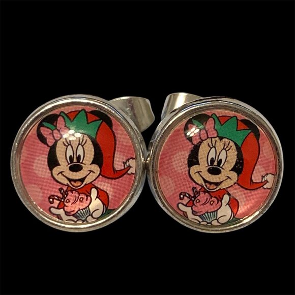 Disney Minnie Mouse Santa Christmas Earrings Silver Tone Hypoallergenic Posts - Picture 2 of 9